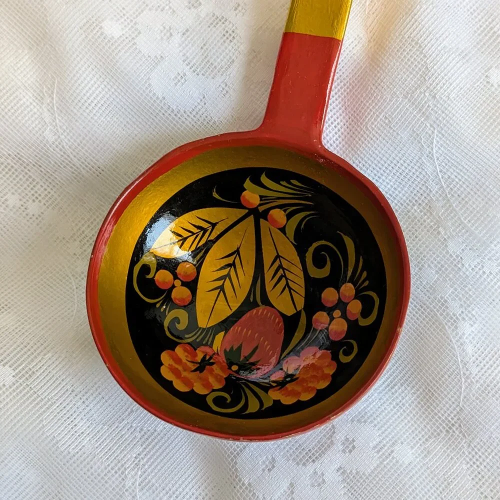 Vintage Russian Khokhloma Hand Painted Floral Large Wooden Ladle Spoon